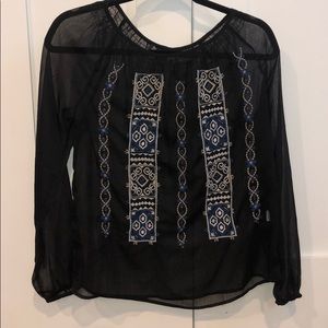 Lucky Brand sheer black beaded long sleeve top